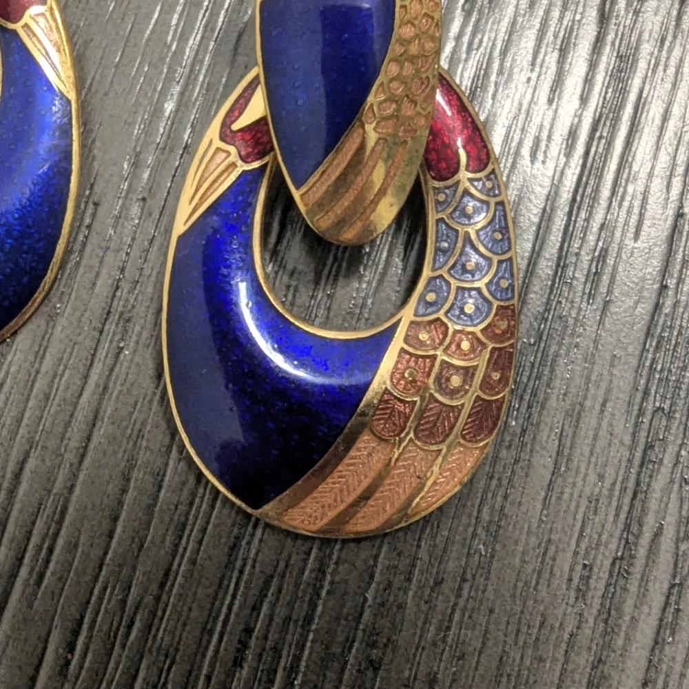 🐦 Vintage Cloisonné Enamel Crane Statement Earrings | 1970s Asian Motif - Picture 2 of 6